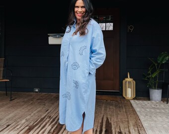 hand embroidered evil eye oversized blue cotton shirt dress, button down long sleeve dress, evil eye aesthetic, gift for Eid / Ramadan,