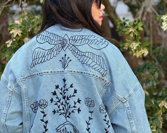 oversized denim embroidered jean jacket, boyfriend jacket, embroidered denim jacket, modern embroidery, hand embroider jacket, Afghanistan
