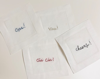 Celebratory cocktail napkin set, hand embroidered linen cocktail napkins, cheers, opa, viva, cin cin, wedding, graduation, hostess host gift