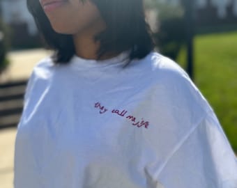 Hand embroidered t-shirt, vintage style boyfriend tee, oversized shirt, custom phrase embroider, Afghan refugee artisan, embroidery