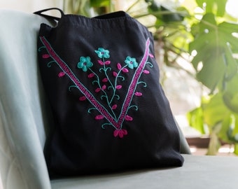 Hand Embroidered Black floral tote, floral embroidery, green flowers, wildflower embroidery, recycled tote bag, market bag, eco friendly,