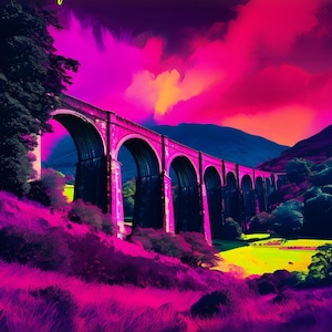 Può includere: Una rappresentazione artistica del viadotto di Glenfinnan in Scozia, con una vibrante tavolozza di colori. L'immagine mostra gli archi del ponte sullo sfondo di cieli rosa e viola, con il testo "Glenfinnan Viaduct Scotland" in alto.