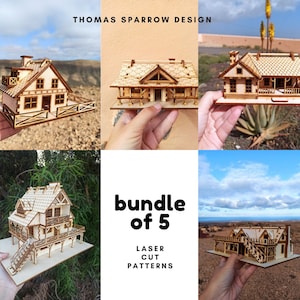 Bundle of 5 Laser Cut Wooden Houses DIGITAL PATTERNS ai plt rld dxf