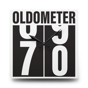 May include: A black and white clock with the word "OLDOMETER" at the top and the numbers "970" displayed on the face. The clock hands are pointing to the time 9:30.
