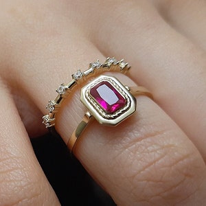 Ruby ring vintage gold, Emerald cut ruby ring, Ruby dainty baguette stacking ring, 14k natural ruby ring, Genuine ruby ring, July birthstone