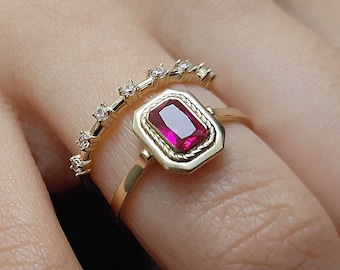 Ruby ring vintage gold, Emerald cut ruby ring, Ruby dainty baguette stacking ring, 14k natural ruby ring, Genuine ruby ring, July birthstone