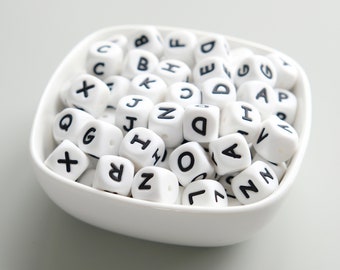 Perle alphabet en silicone de 12 mm, Perle de lettre en silicone, Perle de silicone en vrac, Perle de silicone en gros