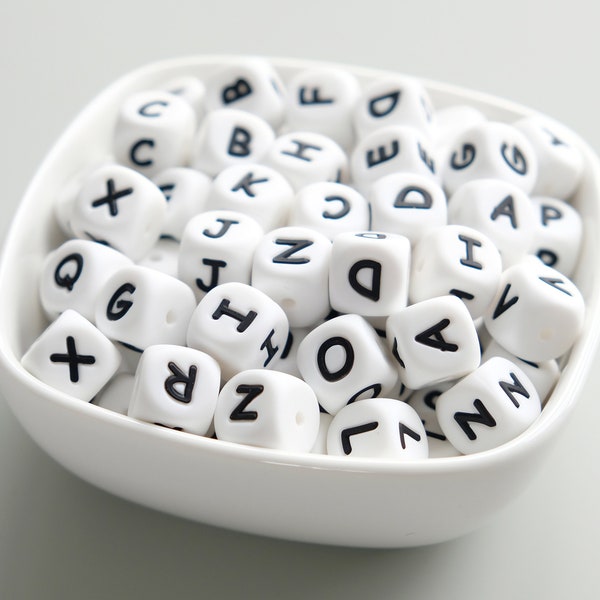 Perle alphabet en silicone de 12 mm, Perle de lettre en silicone, Perle de silicone en vrac, Perle de silicone en gros