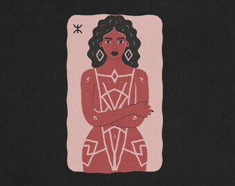 May include: Black tote bag with a pink and white illustration of a woman with a geometric design on her body. The illustration is on a white card with a black border. The card has a symbol in the top left corner.