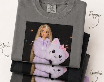 Shocked Doll Meme Shirt, Funny Blonde Doll in Fluffy Cat Costume Tee, Y2K Weirdcore Reaction Face, Vintage Black Graphic Shirt