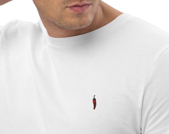 Chili pepper embroidery Unisex organic cotton t-shirt, hot, spicy, premium,red