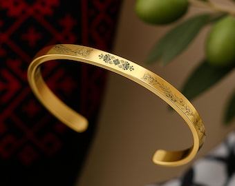 Palestinian Olive Branches and Traditional Embroidery Patterns Cuff Bracelet