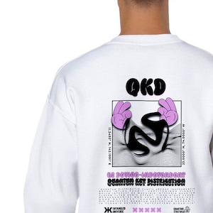 May include: White sweatshirt with a black and white graphic design featuring the text "QKD", "UC DEVICE-INDEPENDENT", and "QUANTUM KEY DISTRIBUTION". The graphic also includes a pink cartoon hand with a black swirl design.