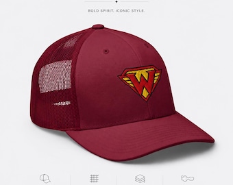 Super-Wonder Strong Hero Trucker Cap, Embroidered W Logo Hat, Burgundy Mesh Snapback, Bold Comic-Inspired Unisex Cap