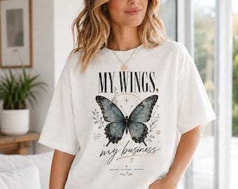 My Wings My Business Butterfly Shirt, Women’s Heavyweight Garment Dye Tee, Vintage Y2K Graphic Top,  Bella + Canvas 6110GD