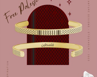 Palestine Keffiya Charm Cuff Bracelet, 18K Gold plated jewelry