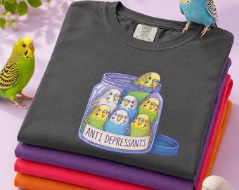 Budgie Anti Depressants Shirt, Funny Parakeet Jar Graphic Tee, Comfort Colors 1717 Bird Lover Gift, Cute Pet Bird T-Shirt, mental health