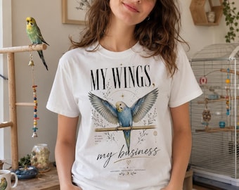 Budgie Shirt, My Wings My Business Tee, Parakeet Lover Gift, Women’s Heavyweight Garment Dyed Graphic T-Shirt, Bella + Canvas 6110GD