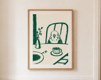 SNEAKY BUDGIE - Coffee Print, Abstract Coffee Wall Art, Funny Diner Decor, Modern Animal bird Sketch, Breakfast Poster (Digital Printable)