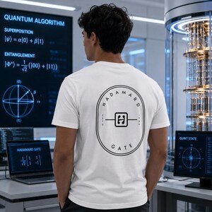 May include: A white short-sleeved t-shirt featuring a black circular graphic on the back. The design includes the text HADAMARD GATE, the year 1986, and a central H symbol enclosed within an oval frame, set against a laboratory background.