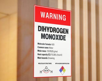 DTF Sticker, Dihydrogen Monoxide Warning Decal, Funny Chemistry Teacher Scientist Laptop Car Bumper Window Wall, Science Gift, Chemical