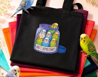 Budgies Anti Depressants  Tote Bag, Funny Budgie Pills Canvas Tote, Parakeet Mental Health Support Gift, Cute Bird Lover Carryall
