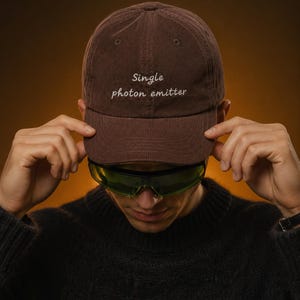May include: A brown corduroy baseball cap featuring the embroidered white text "Single photon emitter" on the front panel. The cap has a structured crown, a curved brim, and stitched eyelets on the top panels for ventilation and a classic fit.