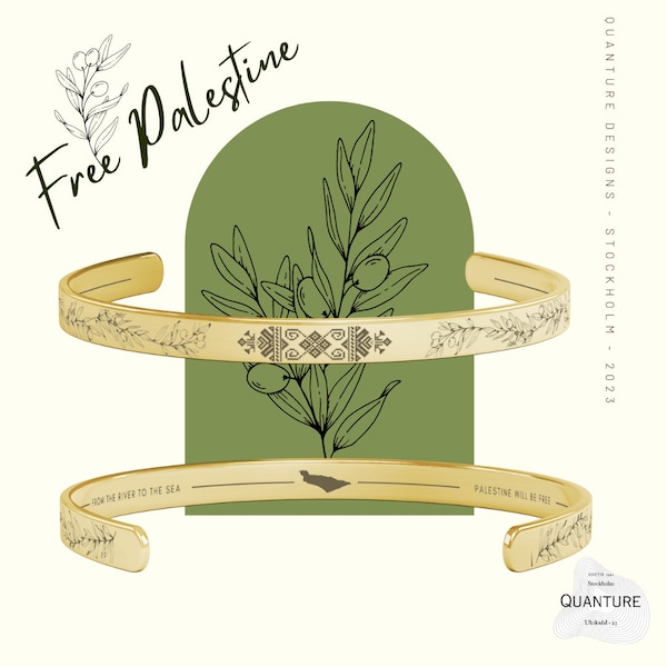 Palestinian Olive Branches and Traditional Embroidery Patterns Cuff Bracelet