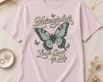 Metamorphosis Looks Good on Me Shirt, Vintage Butterfly Graphic Tee, Women’s Heavyweight Boxy T-Shirt, Bella + Canvas 6110GD