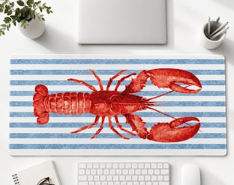 Lobster Desk Mat, Coastal Blue Stripe , Nautical Extended Mousepad, Red Lobster Office Desk Pad, Gamer Gift