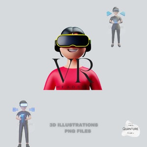 Może przedstawiać: Trójwymiarowa ilustracja osoby noszącej zestaw słuchawkowy do wirtualnej rzeczywistości. Osoba nosi czerwoną koszulę z napisem "VR HEADSET". Obraz jest oznaczony jako "3D ILLUSTRATIONS PNG FILES".
