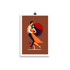 Könnte beinhalten: Eine stilisierte Illustration eines tanzenden Paares. Der Mann trägt ein weißes Hemd und eine schwarze Hose. Die Frau trägt ein rotes Kleid und hat lange schwarze Haare. Der Hintergrund ist braun mit einem roten Kreis.