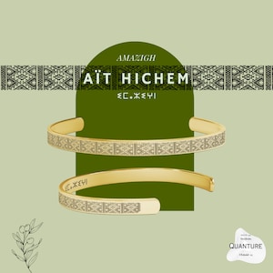 Bracelet manchette motifs tapisserie Ait Hichem, bijoux art traditionnel, breloque amazigh berbère kabyle Algérie