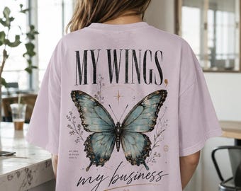 My Wings My Business Butterfly Shirt, Women’s Back Print Tee, Vintage Y2K Graphic Shirt, Lavender Garment Dyed Tee, Bella + Canvas 6110GD