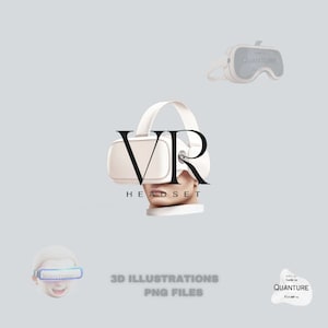 Puede incluir: Auriculares VR blancos con el texto "VR HEADSET" en negro. Ilustraciones 3D en archivos PNG. La imagen también incluye unos auriculares VR blancos con el texto "QUANTURE" en negro.