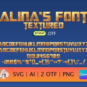 Może przedstawiać: Złota, teksturalna czcionka o nazwie "Alina's Font" z efektem tekstury. Czcionka zawiera duże litery, cyfry i symbole. Tekst "BITMAP .OTF" również znajduje się na obrazku.