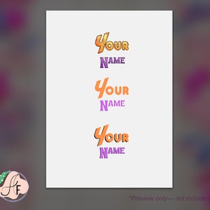 Op de afbeelding: Een witte rechthoekige afbeelding met drie verticaal gestapelde variaties van de tekst Your Name. De bovenste tekst is oranje met een gestippelde textuur, de middelste is effen oranje en de onderste is oranje met een zwarte slagschaduw.
