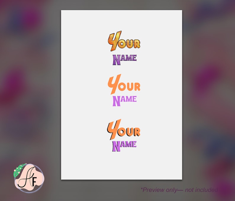 Op de afbeelding: Een witte rechthoekige afbeelding met drie verticaal gestapelde variaties van de tekst Your Name. De bovenste tekst is oranje met een gestippelde textuur, de middelste is effen oranje en de onderste is oranje met een zwarte slagschaduw.