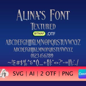 Peut inclure: Une police de caractères texturée argentée appelée "Alina's Font" avec des lettres majuscules, des chiffres et des signes de ponctuation. La police est disponible aux formats SVG, AI, 2 OTF et PNG.