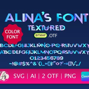 May include: A digital graphic design featuring the text "ALINA'S FONT" in a geometric style with a color gradient. The image includes the alphabet, numbers, and symbols, along with file type information: SVG, AI, 2 OTF, and PNG. A red badge reads "COLOR FONT".