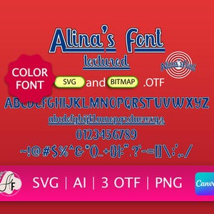 Puede incluir: Fondo rojo con el texto "Alina's Font" en azul y blanco. La imagen muestra un alfabeto completo, números y símbolos. También se ven las palabras "COLOR FONT", "SVG and BITMAP .OTF" y "SVG | AI | 3 OTF | PNG".