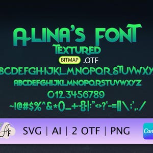 May include: A green and blue textured font called "Alina's Font" with uppercase letters, numbers, and symbols. The font is available in SVG, AI, OTF, and PNG formats.