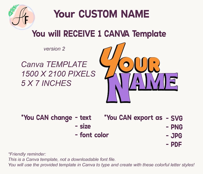Op de afbeelding: Een digitaal Canva-sjabloon met de tekst Your CUSTOM NAME en Your NAME in oranje en paars. De afmetingen van het sjabloon zijn 1500 x 2100 pixels of 12,7 x 17,78 cm. Het staat wijzigingen toe in tekst, grootte en lettertypekleur, met exportopties als SVG, PNG, JPG of PDF.