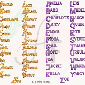 Op de afbeelding: Een digitale weergave van twee kolommen met namen in oranje en twee kolommen met namen in paars. De lijst bevat Amelia, Barb, Charlotte, Daisy, Emma, Fiona, Gail, Hope, Ida, Jackie, Kalla, Lexi, Mabel, Nancy, Quinn, Rita, Sylvie, Tamara, Ursula, Valarie, Wanda, Yancy en Zoe.