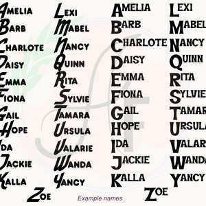 Op de afbeelding: Een zwarte tekstkaart met twee verschillende letterstijlen voor een lijst met namen van A tot Z, waaronder Amelia, Barb, Charlotte, Daisy, Emma, Fiona, Gail, Hope, Ida, Jackie, Kalla, Lexi, Mabel, Nancy, Quinn, Rita, Sylvie, Tamara, Ursula, Valarie, Wanda, Yancy en Zoe.