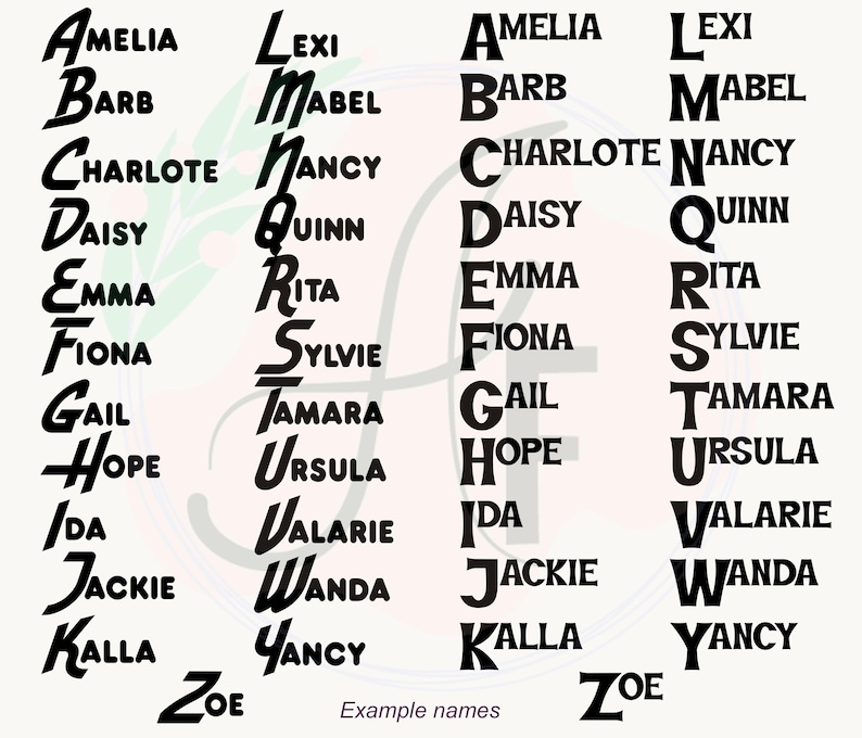 Op de afbeelding: Een zwarte tekstkaart met twee verschillende letterstijlen voor een lijst met namen van A tot Z, waaronder Amelia, Barb, Charlotte, Daisy, Emma, Fiona, Gail, Hope, Ida, Jackie, Kalla, Lexi, Mabel, Nancy, Quinn, Rita, Sylvie, Tamara, Ursula, Valarie, Wanda, Yancy en Zoe.