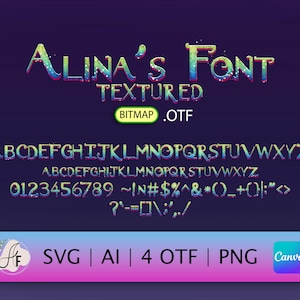 May include: A colorful, textured font called "Alina's Font" with a rainbow gradient. The font includes uppercase letters, numbers, and symbols. The text "BITMAP .OTF" is also included in the image.
