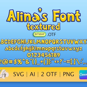 Può includere: Un design di font giallo e blu chiamato "Alina's Font textured" con un formato di file bitmap .OTF. Il font include lettere maiuscole e minuscole, numeri e segni di punteggiatura.