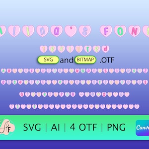 May include: A pink heart-shaped font with a textured look. The font includes uppercase letters, lowercase letters, numbers, and punctuation marks. The font is available in SVG, AI, OTF, and PNG formats.