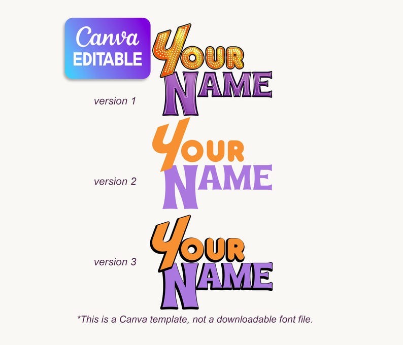Op de afbeelding: Een digitaal grafisch ontwerpsjabloon met de tekst Your Name in drie verschillende stijlen. Versie 1 heeft oranje gestippelde letters, versie 2 gebruikt effen oranje en paars, en versie 3 bevat oranje en paars met zwarte omlijningen.